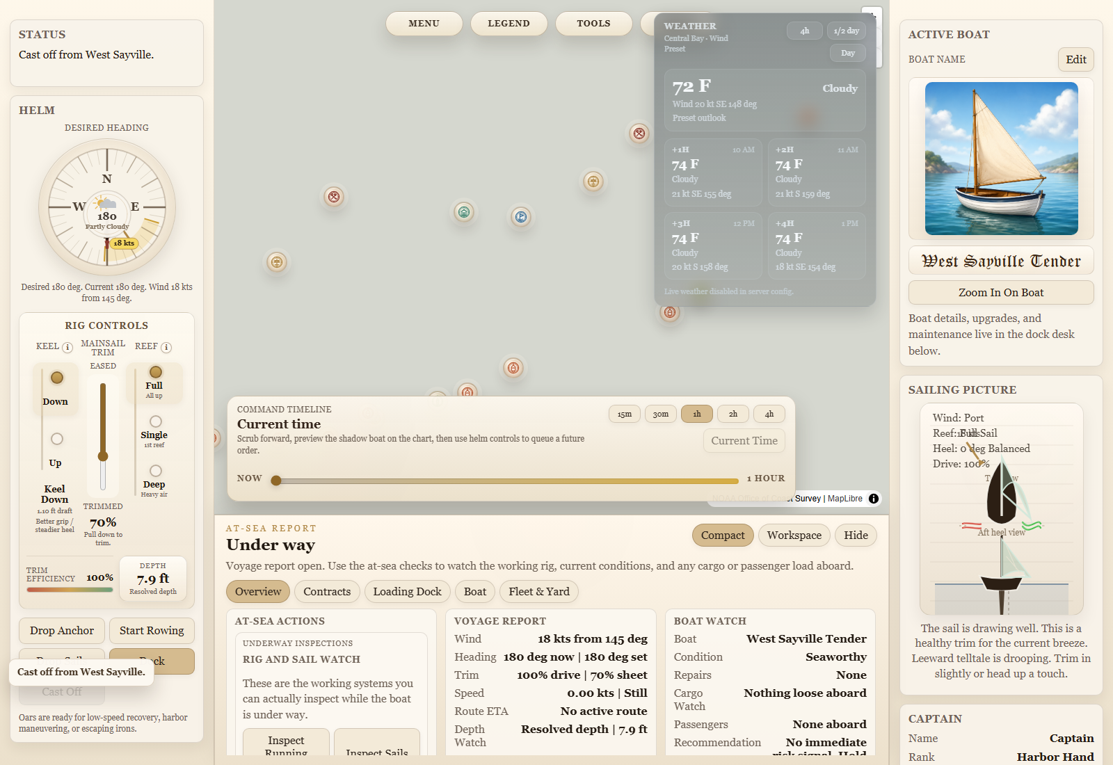 Portbound Seas at-sea overview with voyage report, boat watch, and at-sea actions