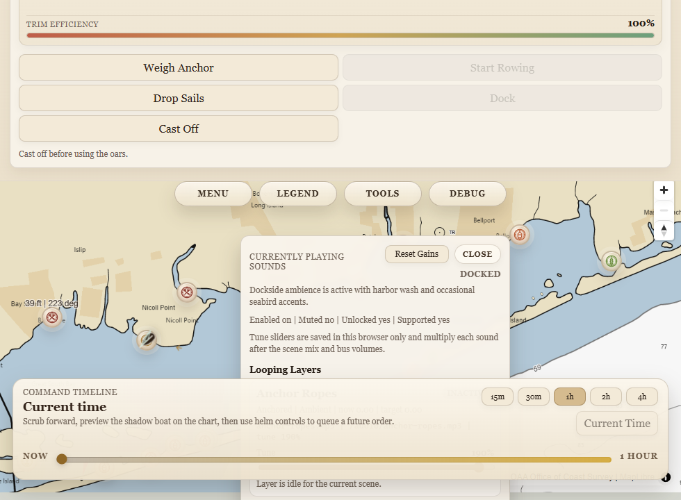 Portbound Seas audio debug overlay showing active sound layers over the bay map