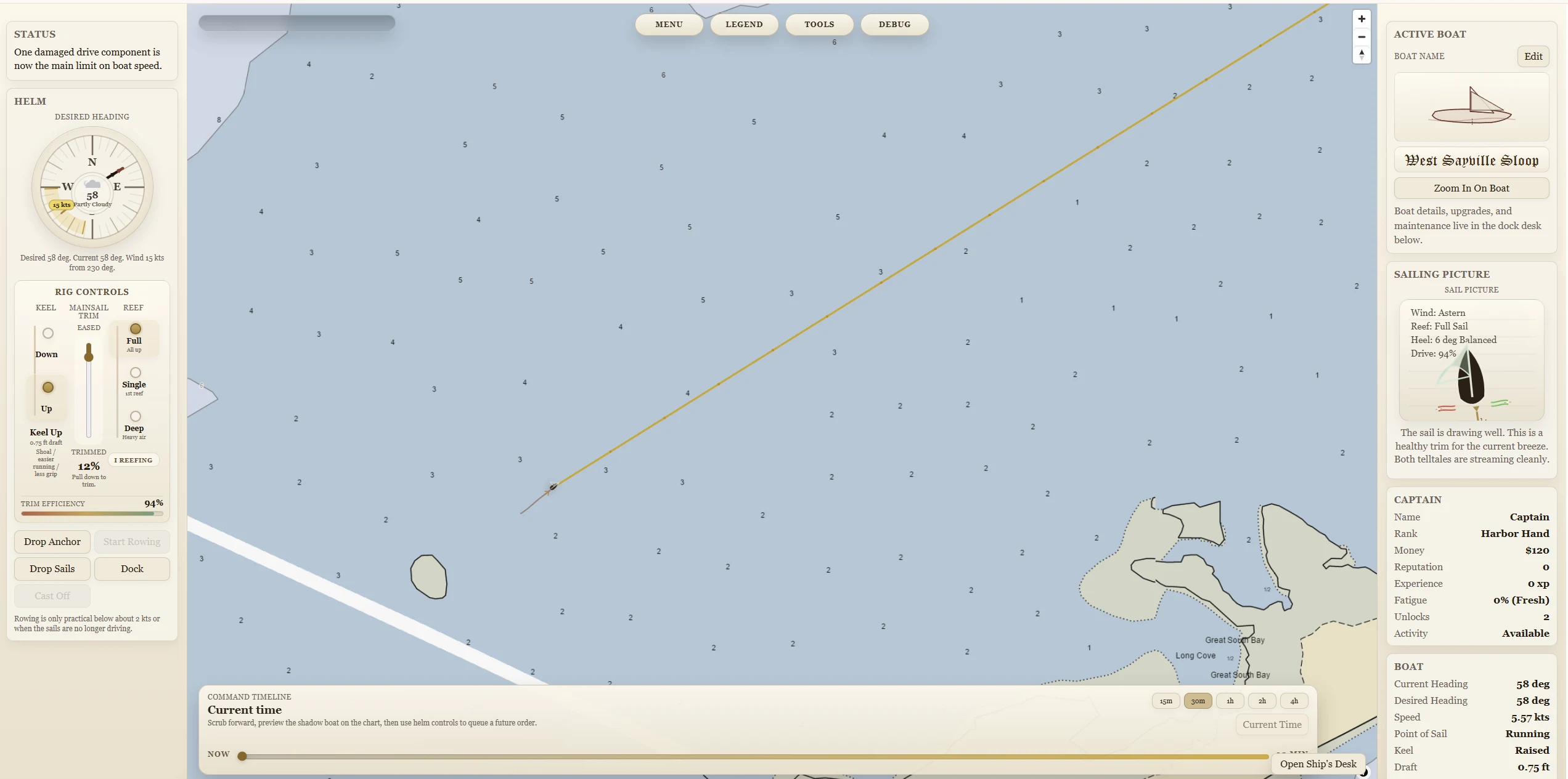Portbound Seas command timeline at the bottom of the chart with a projected route across Great South Bay