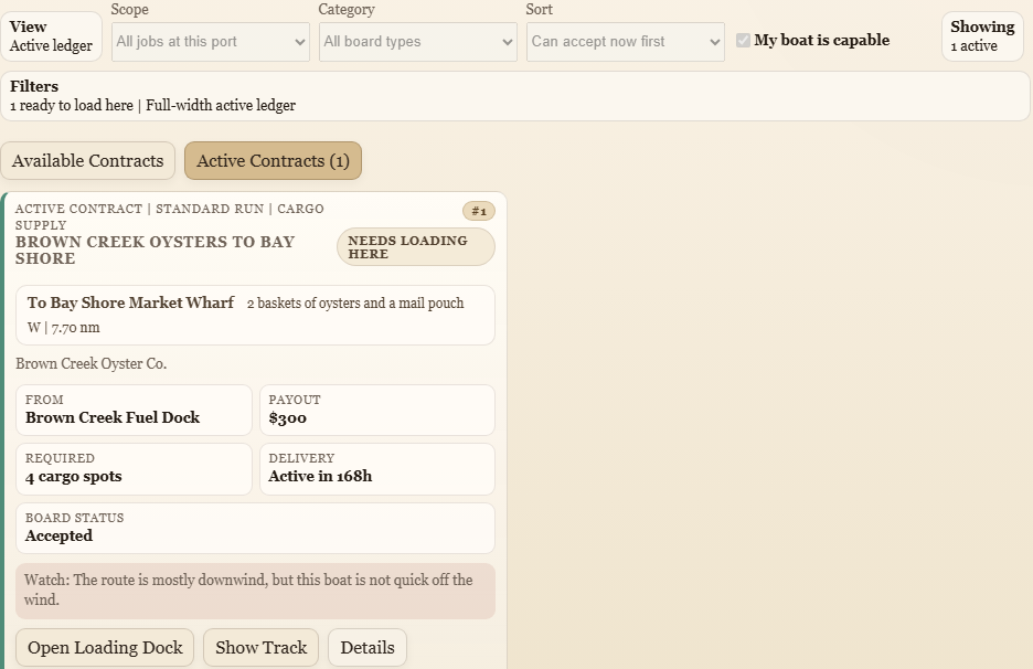 Active contract view in Portbound Seas after a first-click view switch